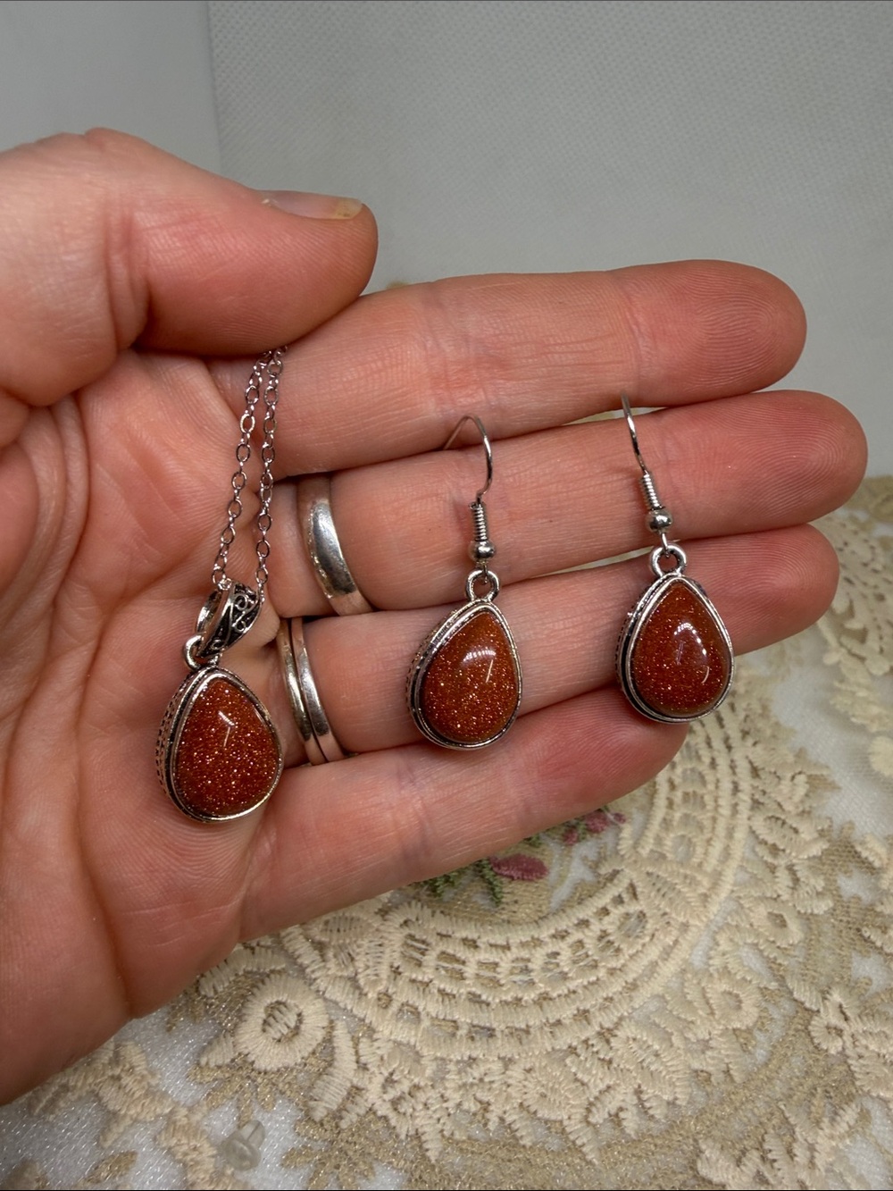 Natural Orange Sandstone Teardrop Necklace & Earrings Set | Silver Tone - Picture 3 of 6
